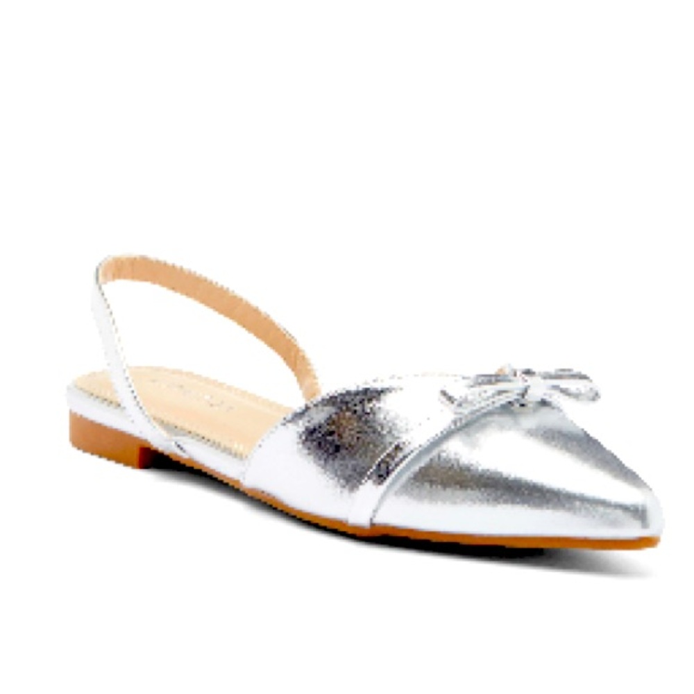 New.! TOP MODA Garner Metallic Silver Pointed Toe Flats Slingback w/Bow Sz 7M